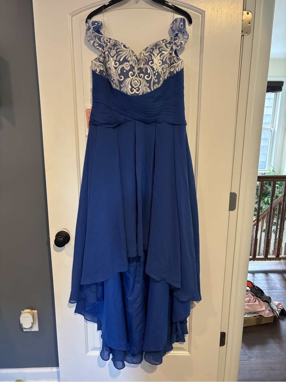 JJs House Royal Blue High-Low Embroidered Bodice Dress